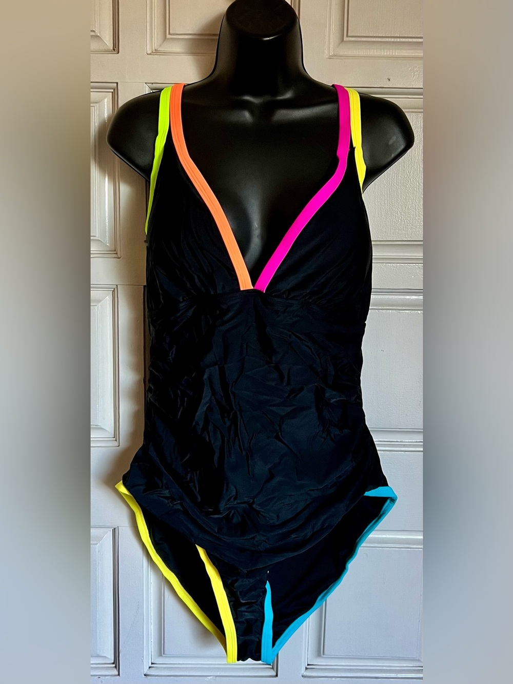 Black One-Piece Swimsuit with Neon Pink, Orange, Yellow & Aqua Trim